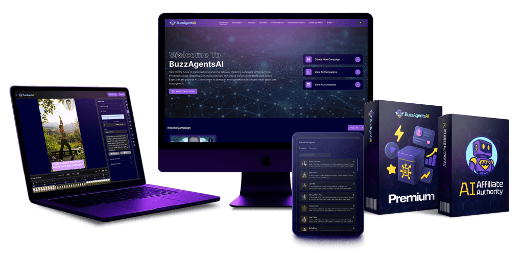 BuzzAgentsAI dashboard showcasing AI-powered video creation and social media marketing tools
