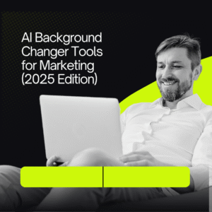Marketer using AI background changer tool to edit branded video background.