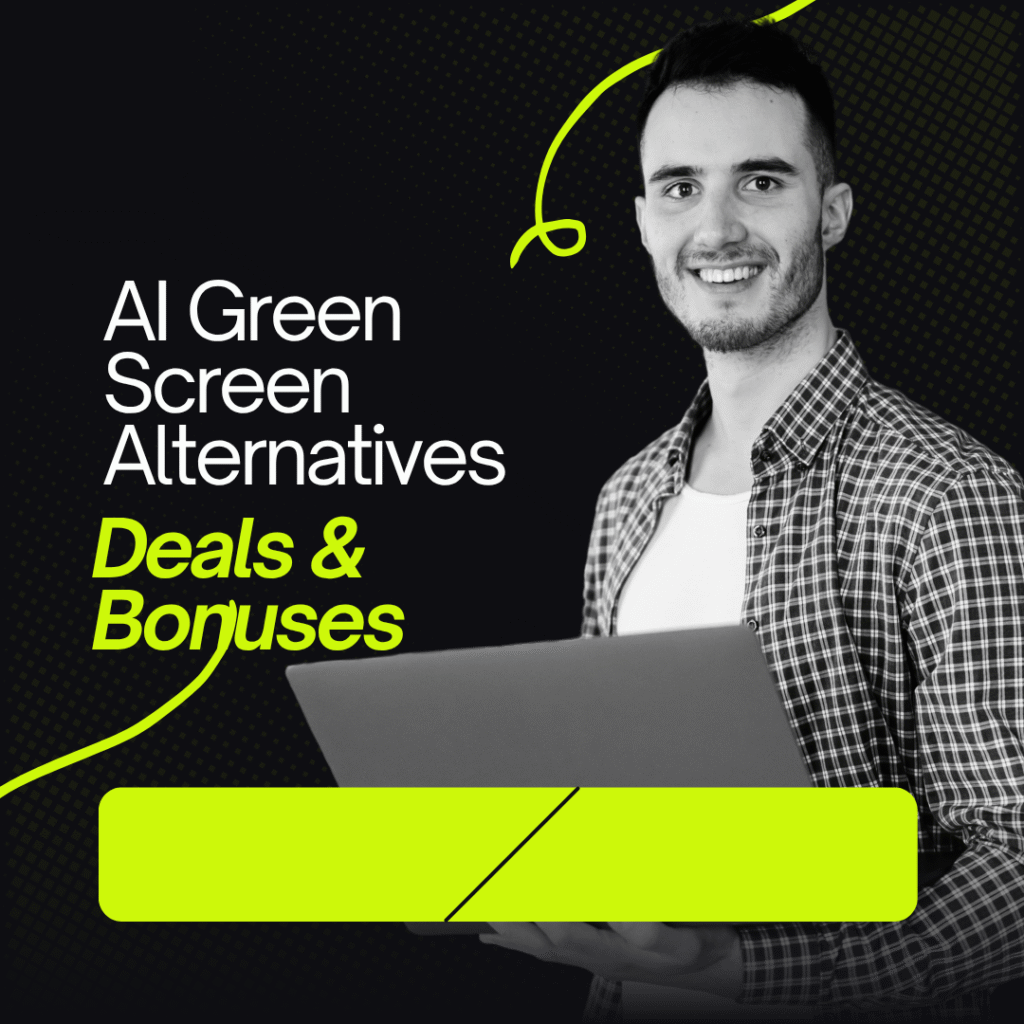 Creator editing video using an AI green screen tool with deal and bonus offers.