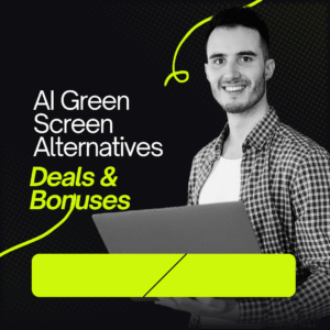 Creator editing video using an AI green screen tool with deal and bonus offers.