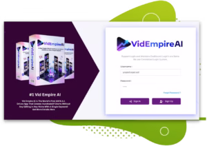 VidEmpireAI interface showing AI-generated short videos with scripts, visuals, effects, and voiceovers.